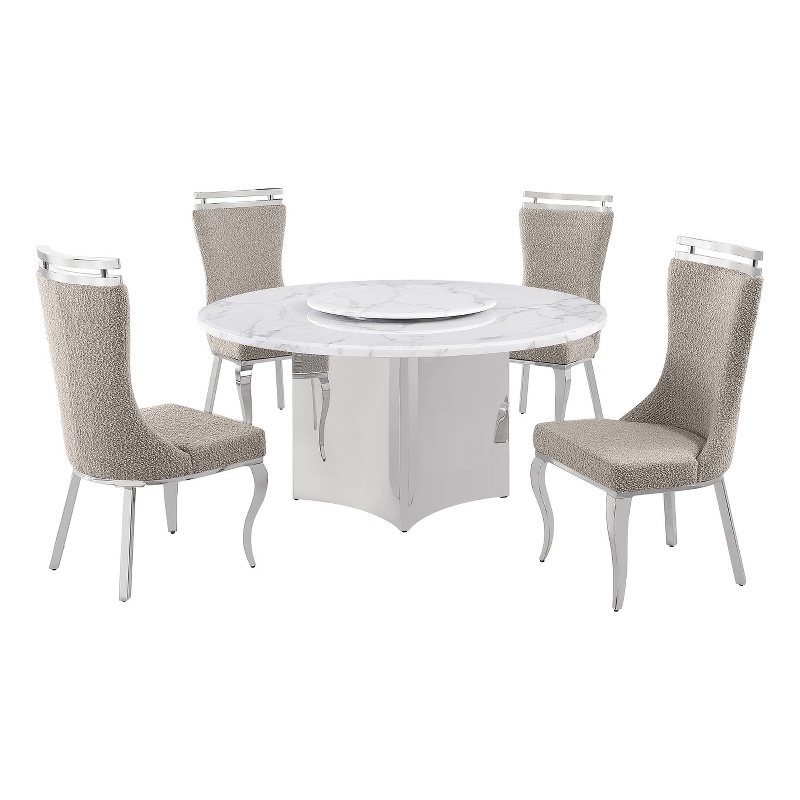 Best Quality Furniture 5 Piece White Marble Dining Set with Stainless Steel Base
