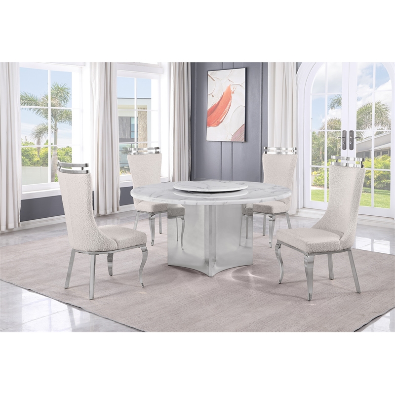 Best Quality Furniture 5 Piece White Marble Dining Set with Stainless Steel Base