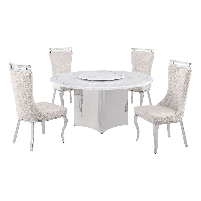 Best Quality Furniture 5 Piece White Marble Dining Set with Stainless Steel Base
