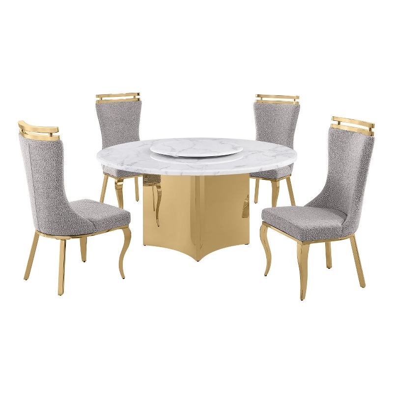Best Quality Furniture 5 Piece White Marble Dining Set with Stainless Steel Base