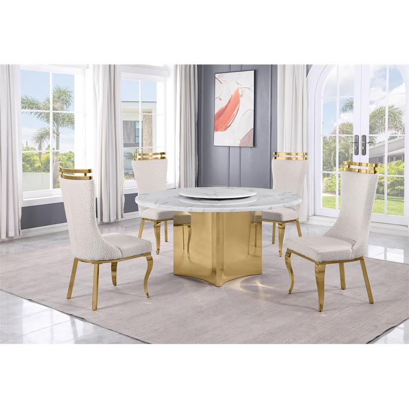 Best Quality Furniture 5 Piece White Marble Dining Set with Stainless Steel Base