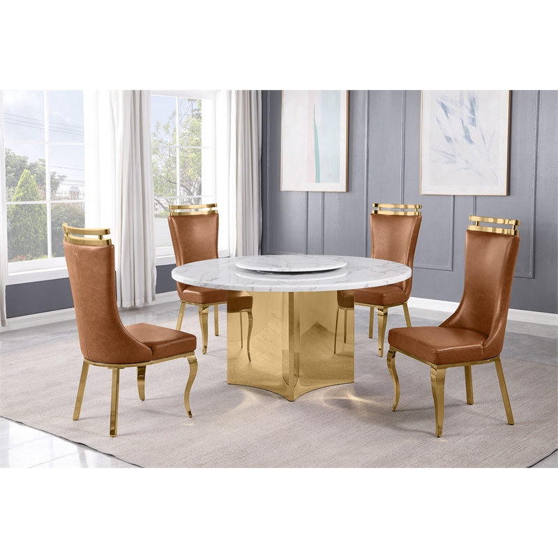 Best Quality Furniture 5 Piece White Marble Dining Set with Stainless Steel Base