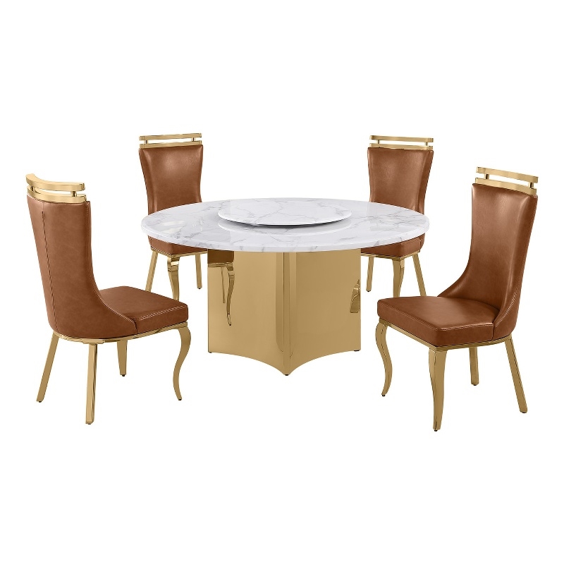 Best Quality Furniture 5 Piece White Marble Dining Set with Stainless Steel Base