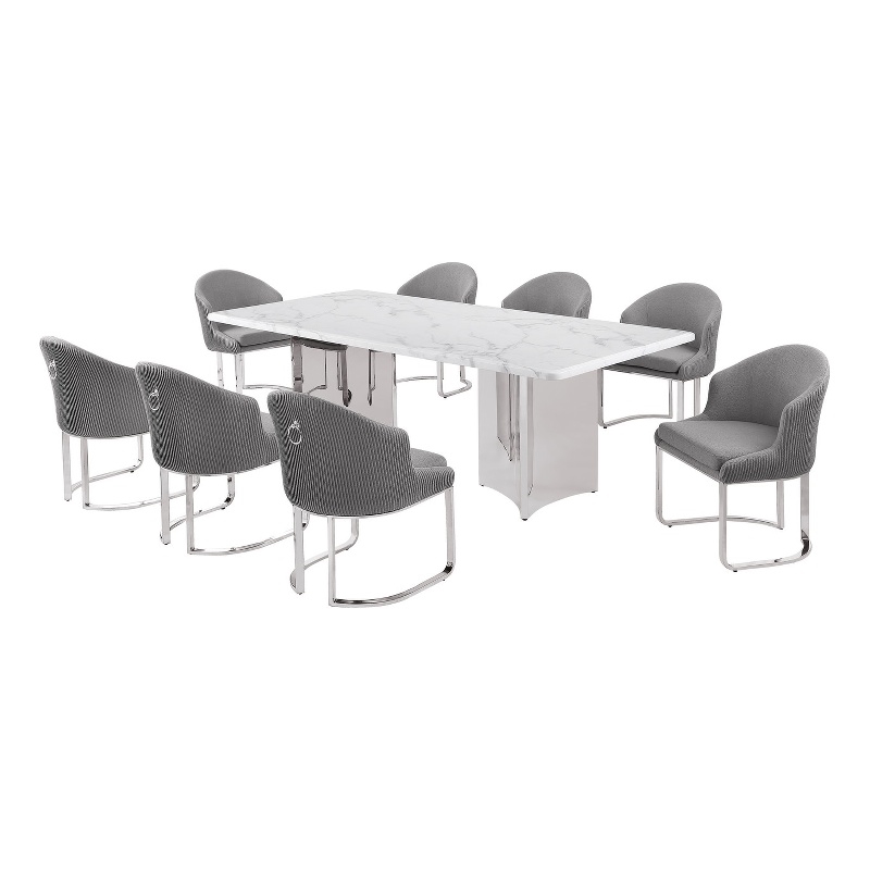 Best Quality Furniture 9 Piece White Marble Dining Set with Stainless Steel Base