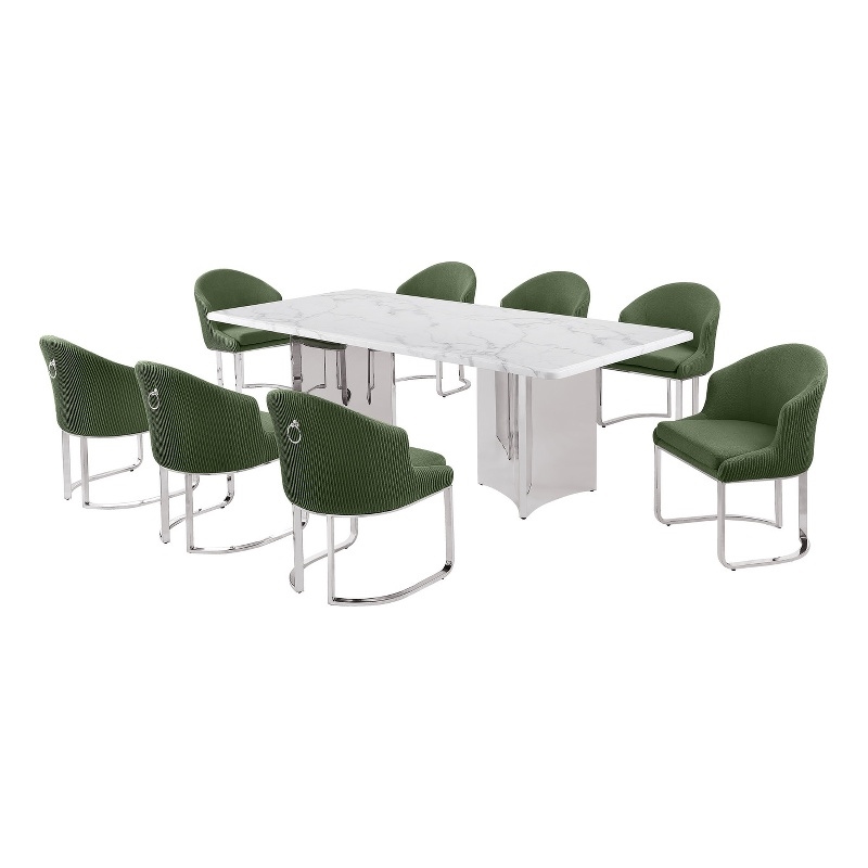 Best Quality Furniture 9 Piece White Marble Dining Set with Stainless Steel Base