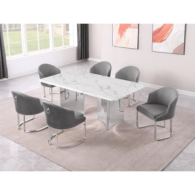 Best Quality Furniture 7 Piece White Marble Dining Set with Stainless Steel Base