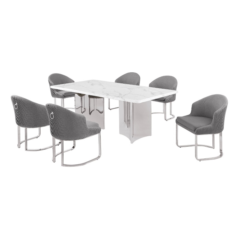 Best Quality Furniture 7 Piece White Marble Dining Set with Stainless Steel Base