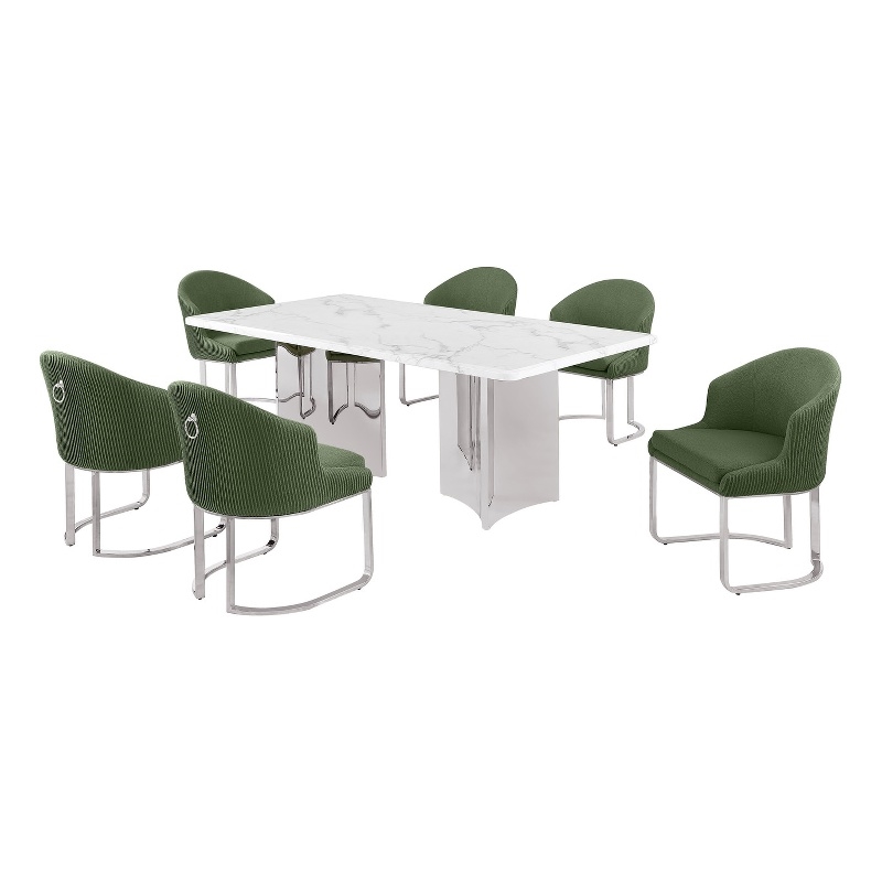 Best Quality Furniture 7 Piece White Marble Dining Set with Stainless Steel Base