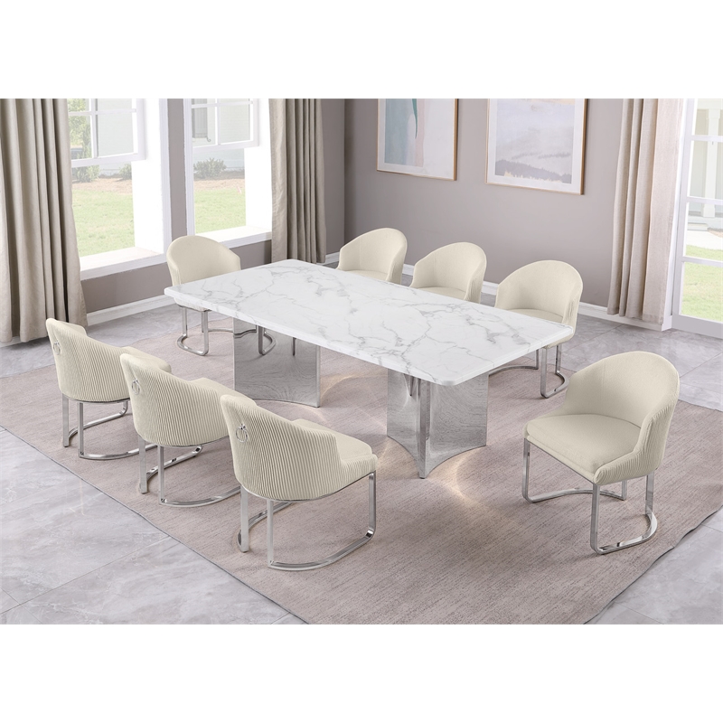 Best Quality Furniture 9 Piece White Marble Dining Set with Stainless Steel Base