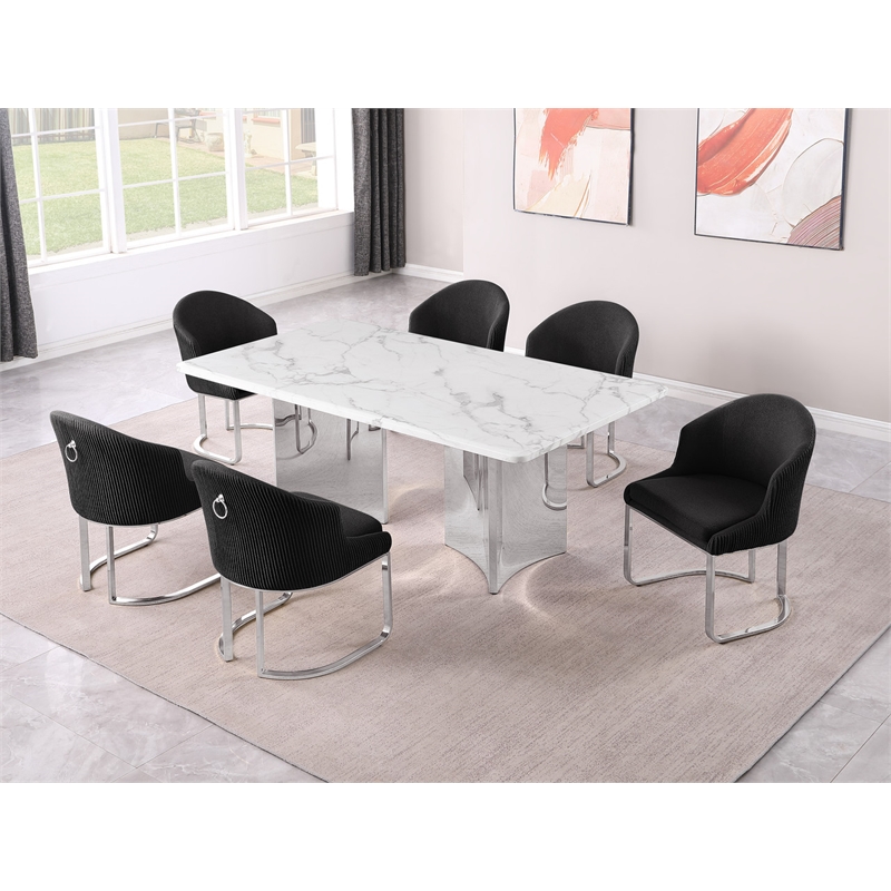 Best Quality Furniture 7 Piece White Marble Dining Set with Stainless Steel Base