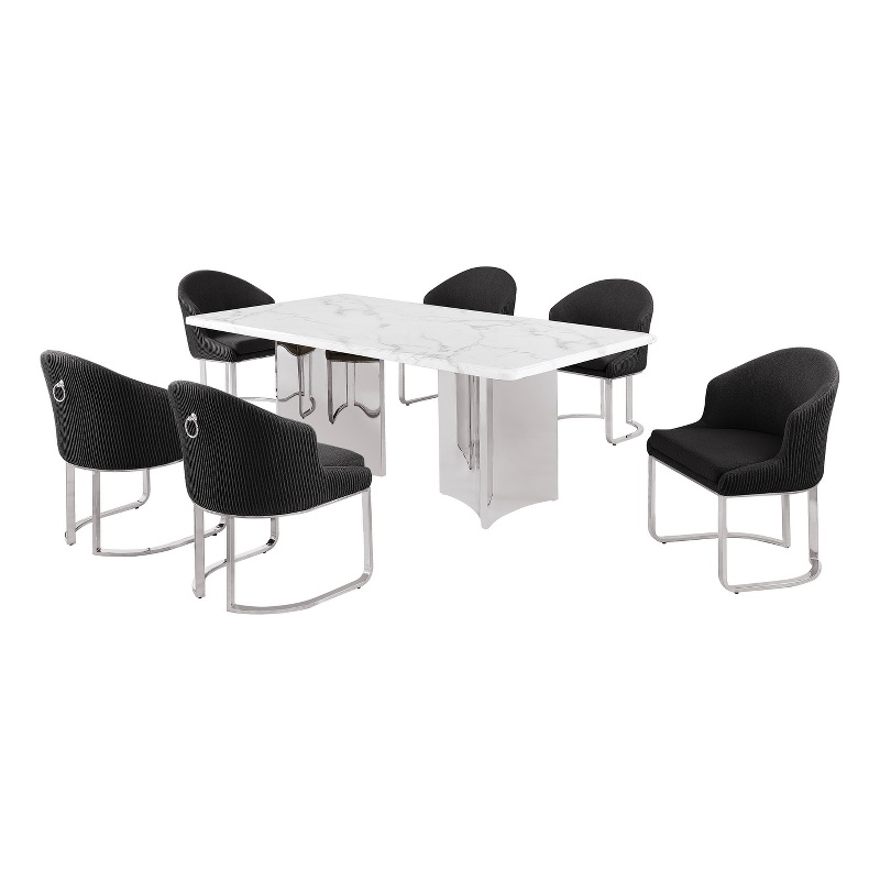 Best Quality Furniture 7 Piece White Marble Dining Set with Stainless Steel Base