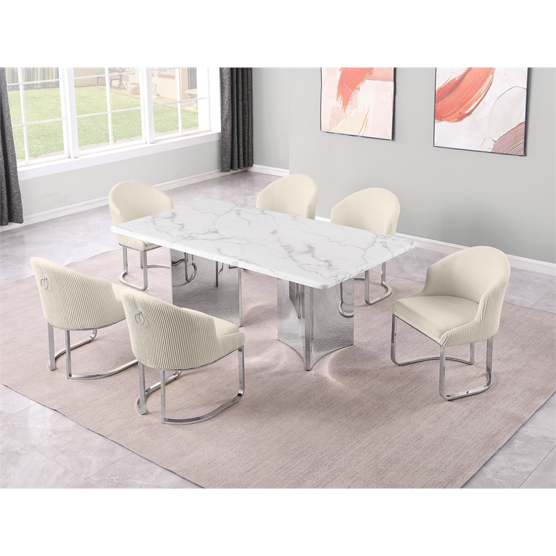 Best Quality Furniture 7 Piece White Marble Dining Set with Stainless Steel Base