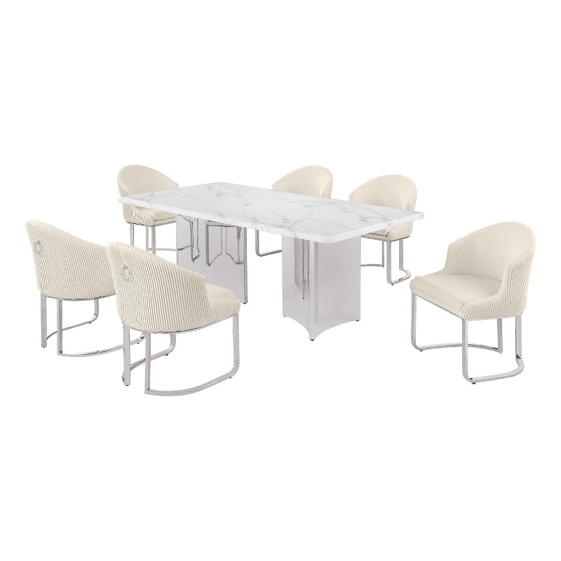 Best Quality Furniture 7 Piece White Marble Dining Set with Stainless Steel Base