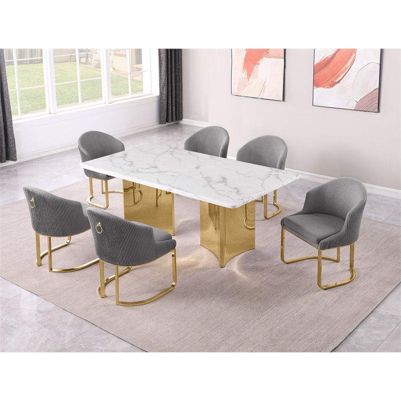 Best Quality Furniture 7 Piece White Marble Dining Set with Stainless Steel Base