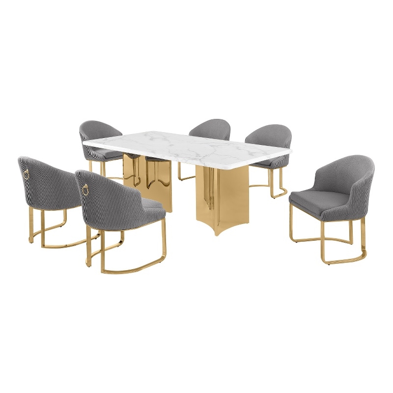 Best Quality Furniture 7 Piece White Marble Dining Set with Stainless Steel Base