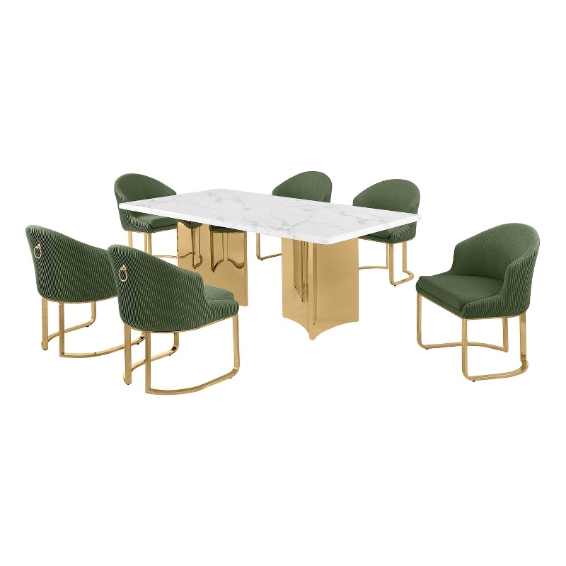 Best Quality Furniture 7 Piece White Marble Dining Set with Stainless Steel Base