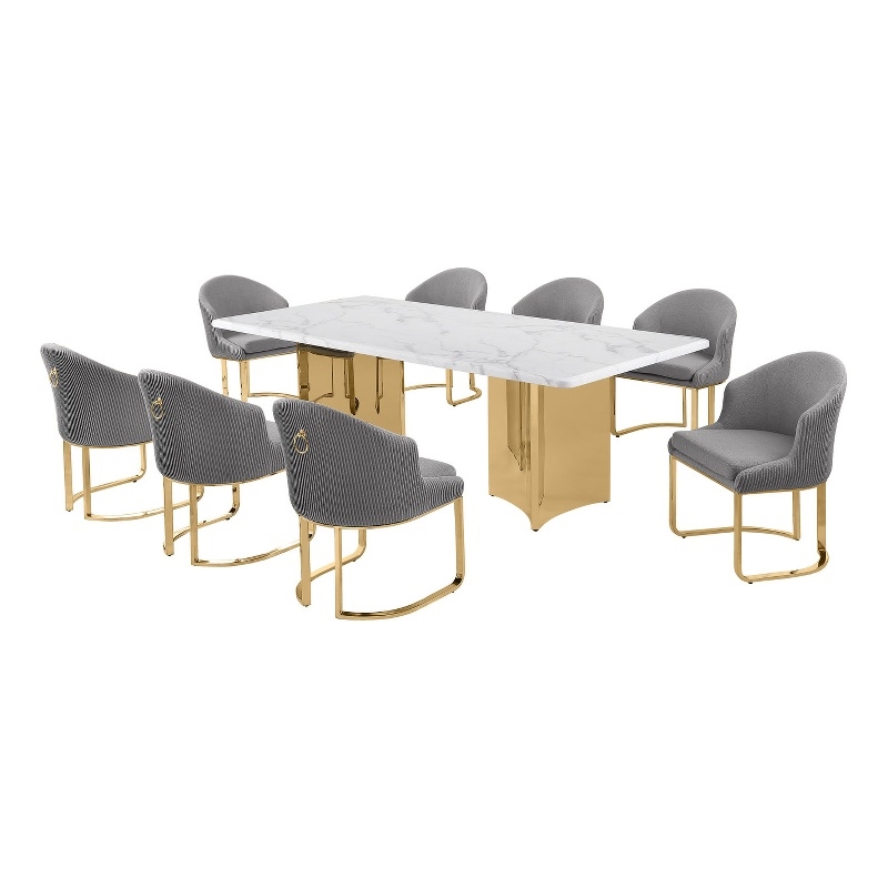 Best Quality Furniture 9 Piece White Marble Dining Set with Stainless Steel Base