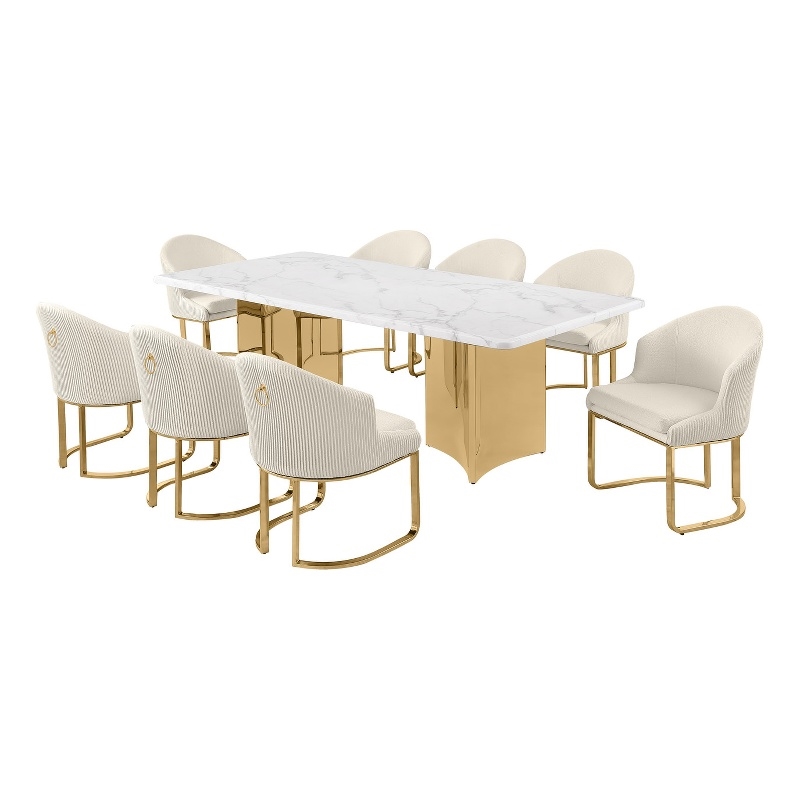 Best Quality Furniture 9 Piece White Marble Dining Set with Stainless Steel Base