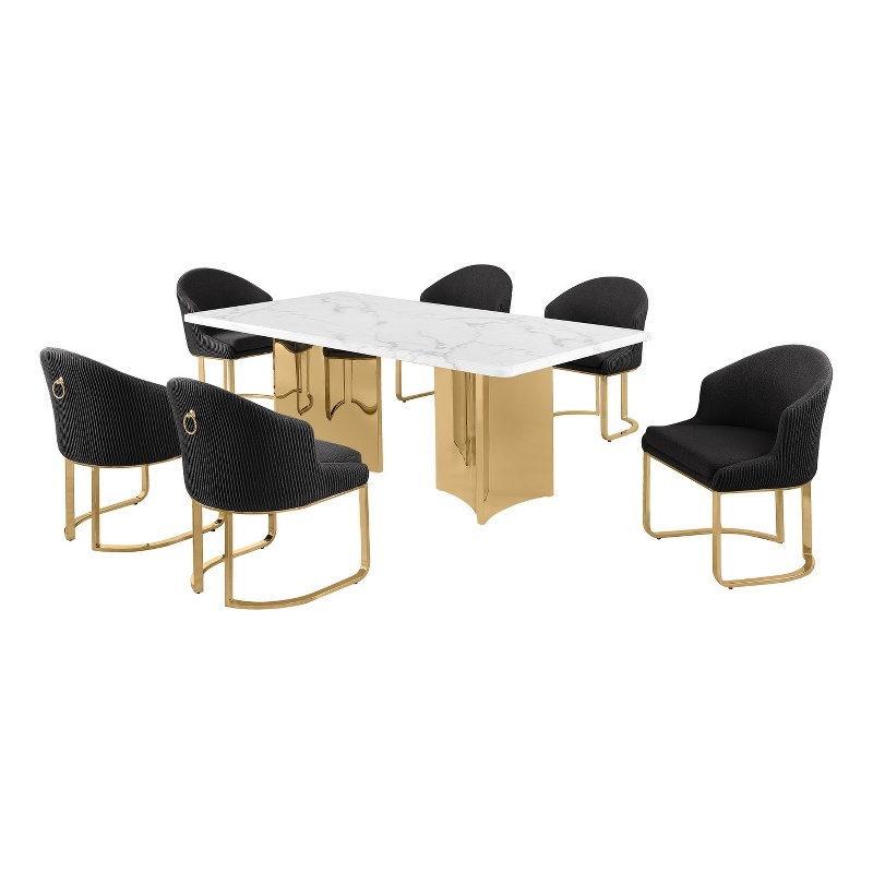 Best Quality Furniture 7 Piece White Marble Dining Set with Stainless Steel Base