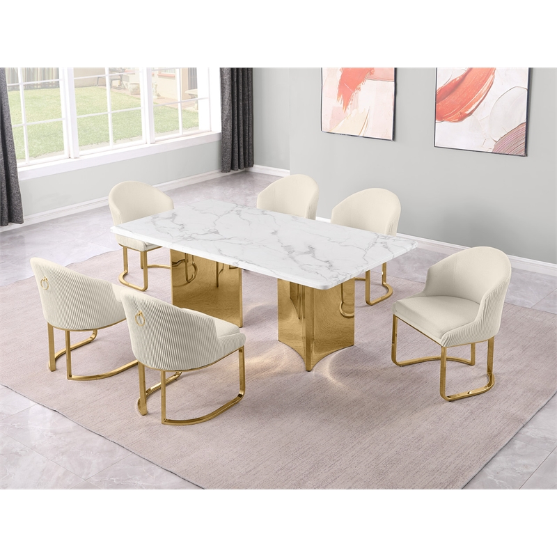 Best Quality Furniture 7 Piece White Marble Dining Set with Stainless Steel Base