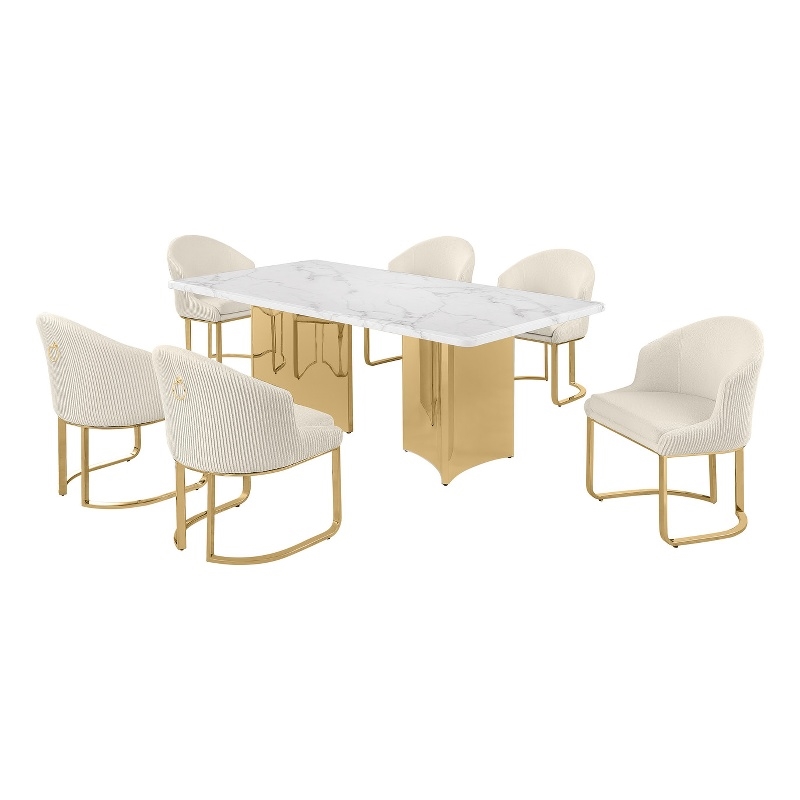 Best Quality Furniture 7 Piece White Marble Dining Set with Stainless Steel Base