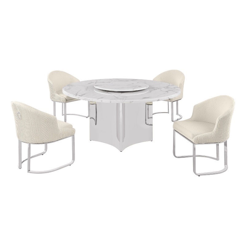 Best Quality Furniture 5 Piece White Marble Dining Set with Stainless Steel Base