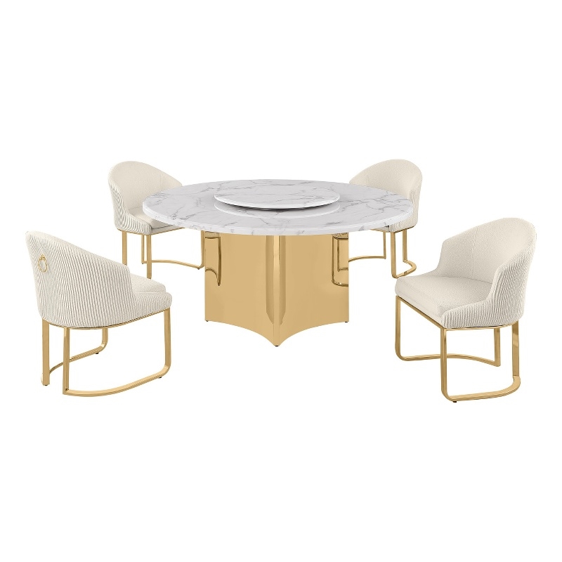 Best Quality Furniture 5 Piece White Marble Dining Set with Stainless Steel Base