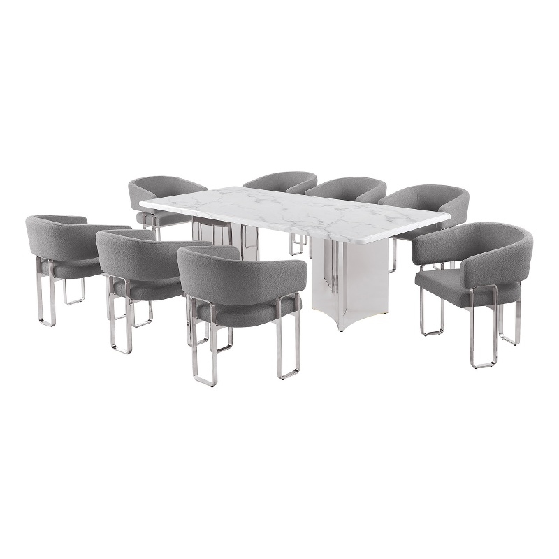 Best Quality Furniture 9 Piece White Marble Dining Set with Stainless Steel Base