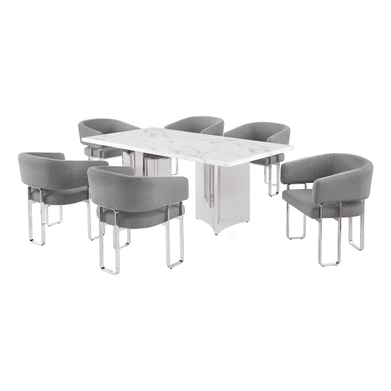 Best Quality Furniture 7 Piece White Marble Dining Set with Stainless Steel Base