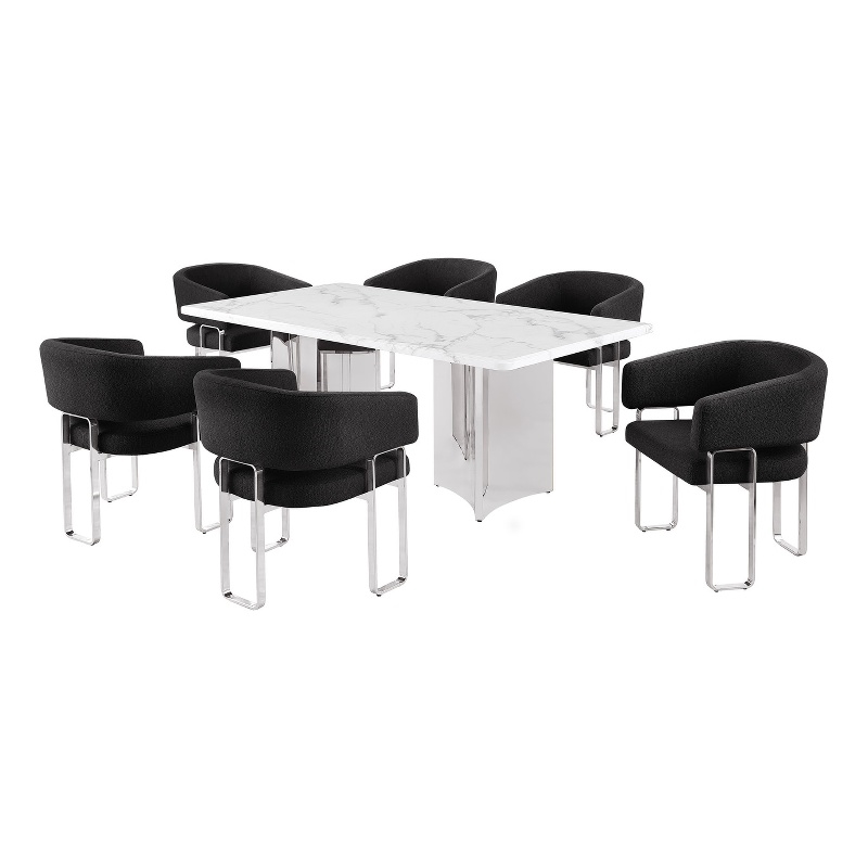 Best Quality Furniture 7 Piece White Marble Dining Set with Stainless Steel Base