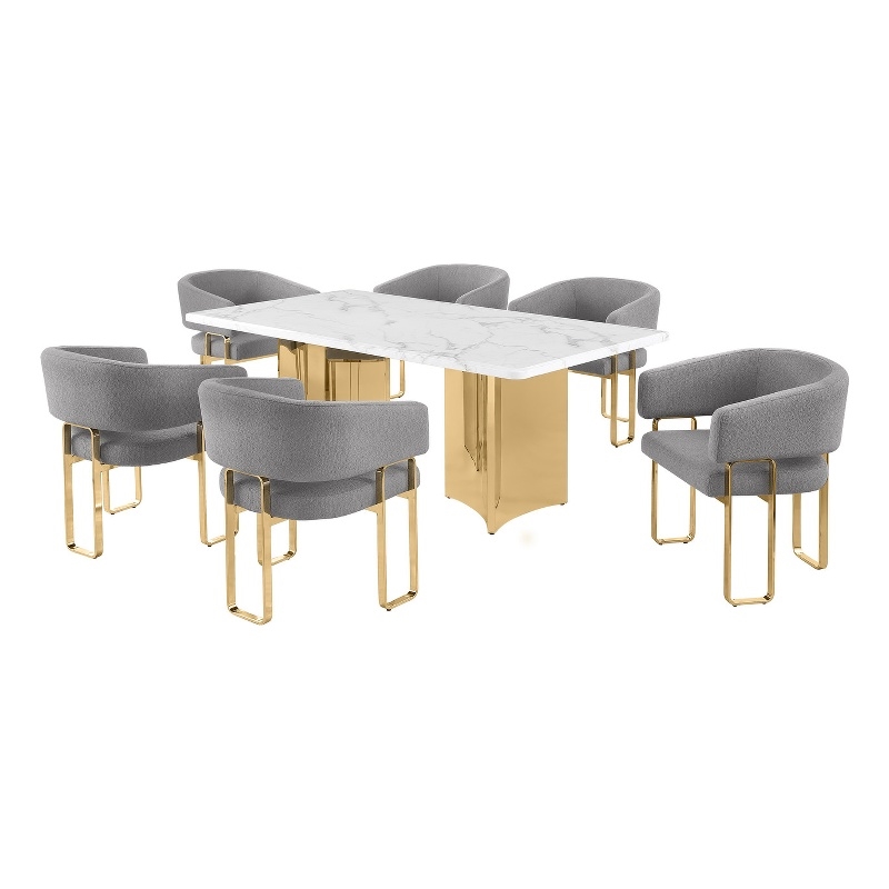 Best Quality Furniture 7 Piece White Marble Dining Set with Stainless Steel Base