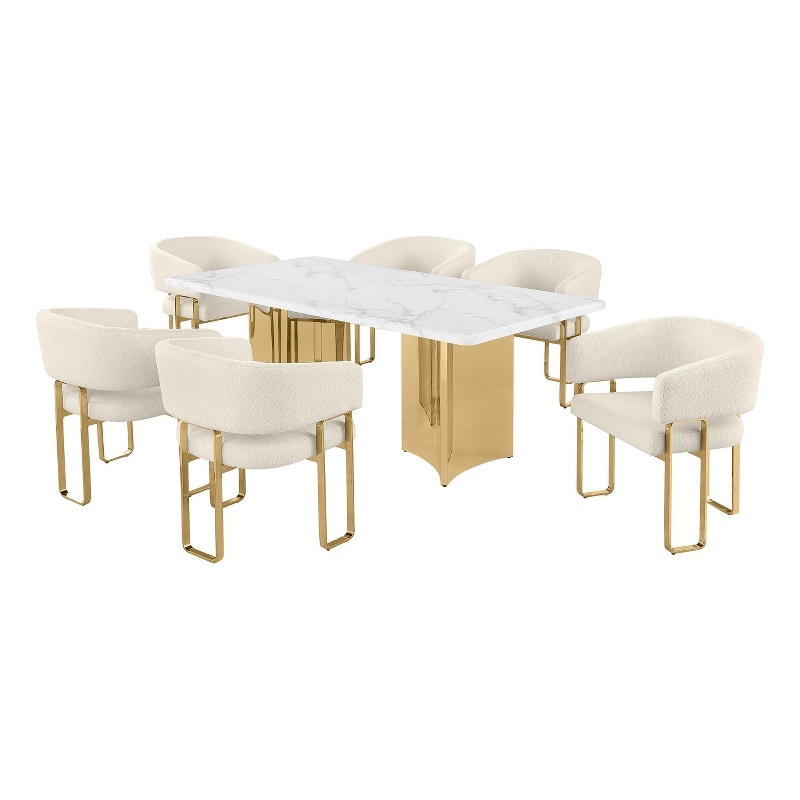 Best Quality Furniture 7 Piece White Marble Dining Set with Stainless Steel Base