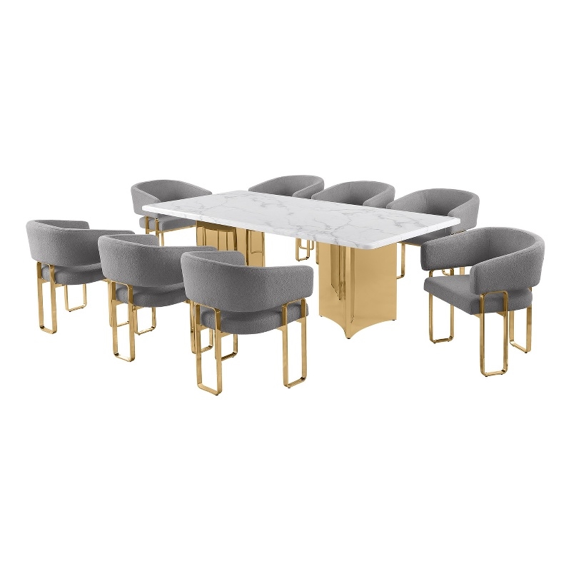 Best Quality Furniture 9 Piece White Marble Dining Set with Stainless Steel Base