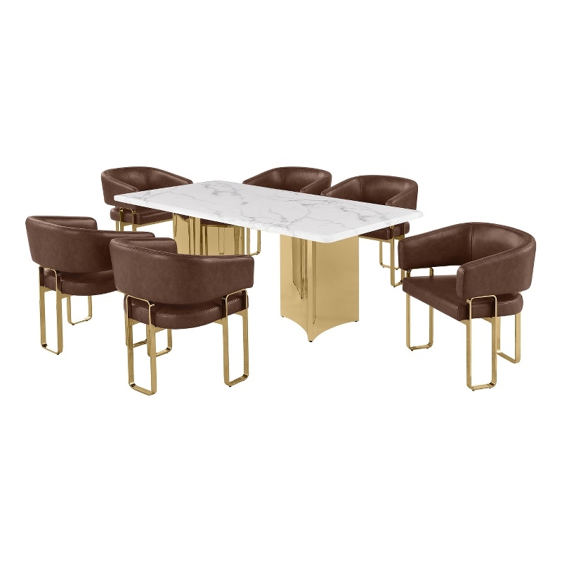 Best Quality Furniture 7 Piece White Marble Dining Set with Stainless Steel Base