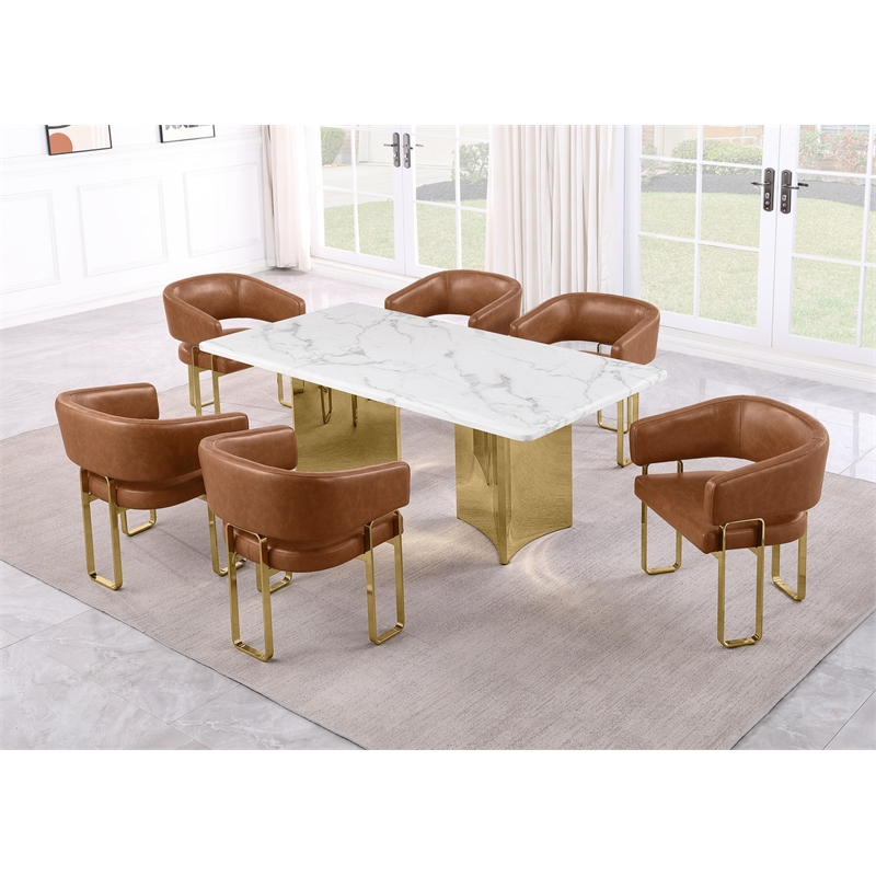 Best Quality Furniture 7 Piece White Marble Dining Set with Stainless Steel Base