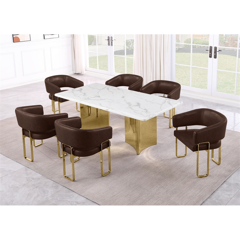 Best Quality Furniture 7 Piece White Marble Dining Set with Stainless Steel Base