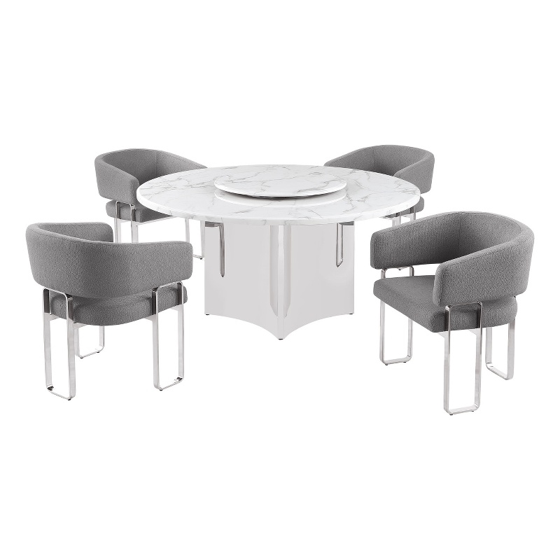 Best Quality Furniture 5 Piece White Marble Dining Set with Stainless Steel Base