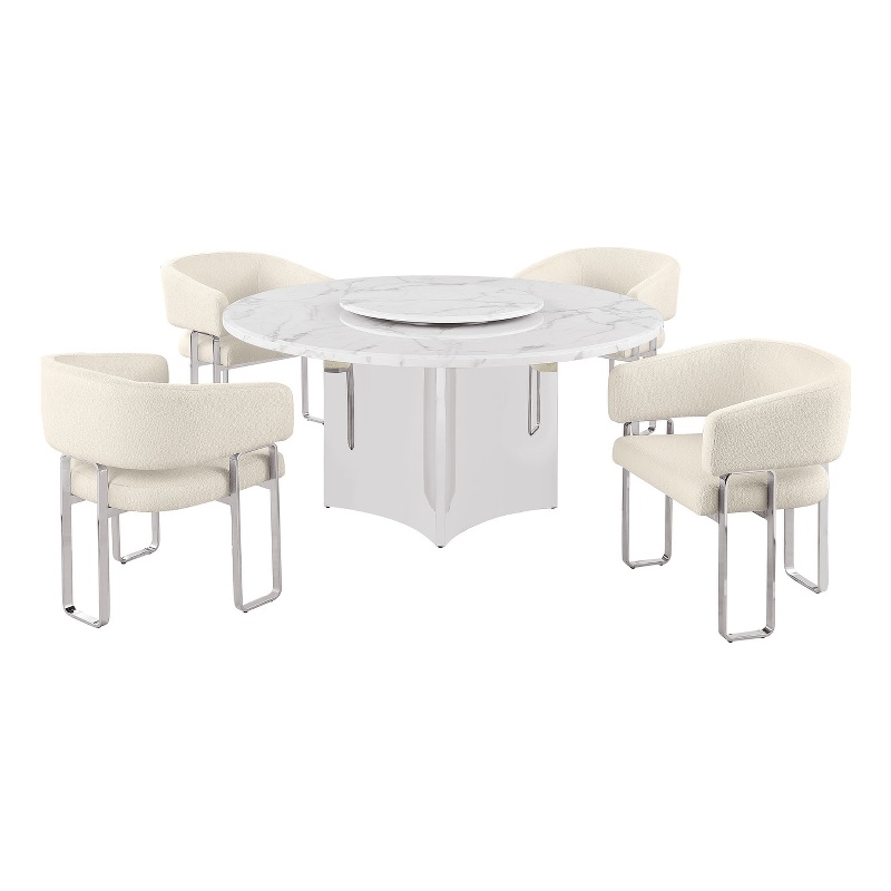 Best Quality Furniture 5 Piece White Marble Dining Set with Stainless Steel Base
