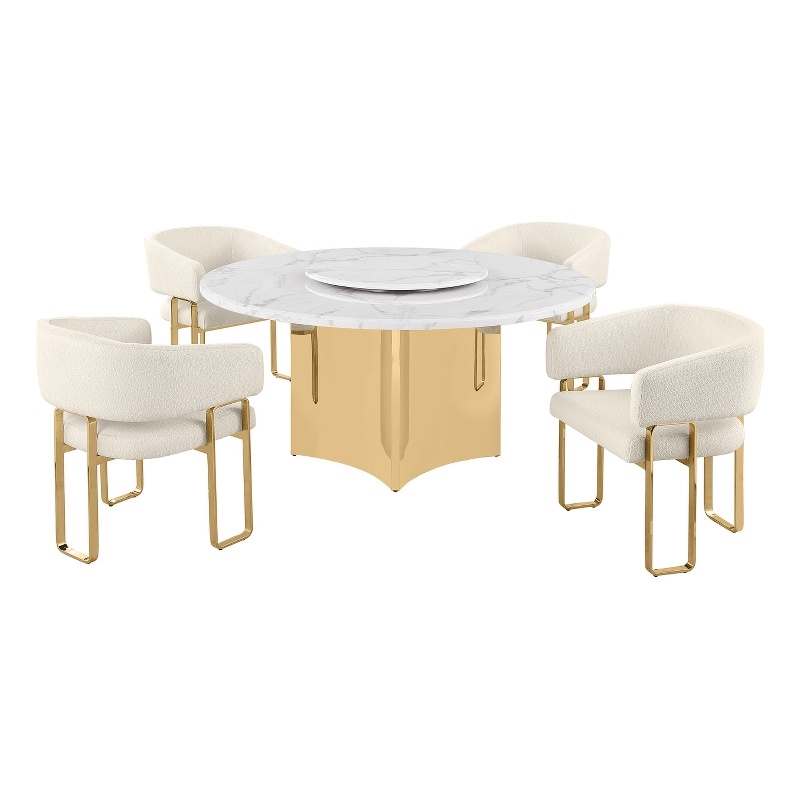 Best Quality Furniture 5 Piece White Marble Dining Set with Stainless Steel Base