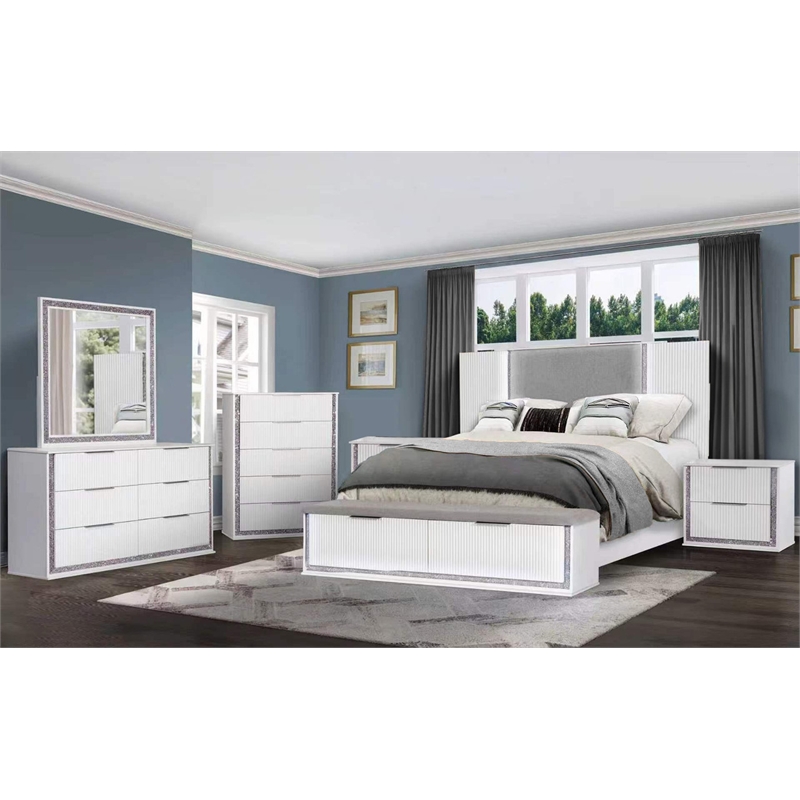 Best Quality Furniture White Wood Queen Platform Bed with LED Lights and Storage