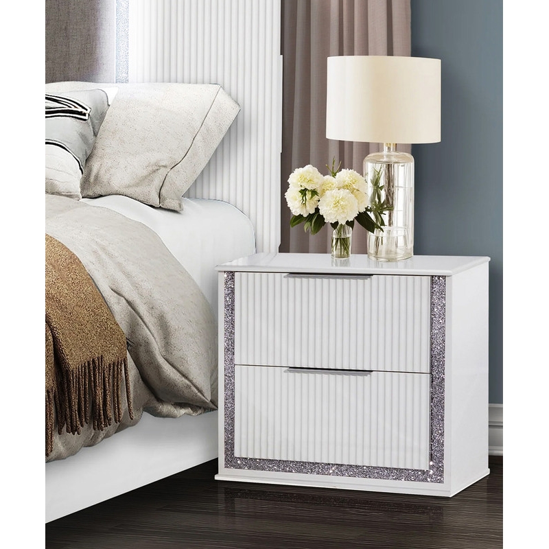 Best Quality Furniture White Wood Glam Nightstand with Glitter Trim
