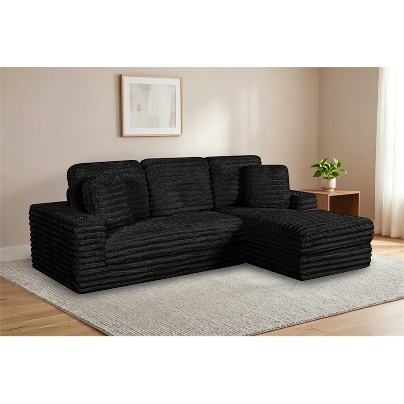 Best Quality Furniture Black Fluffy Fabric Compressed 2 Piece Sectional