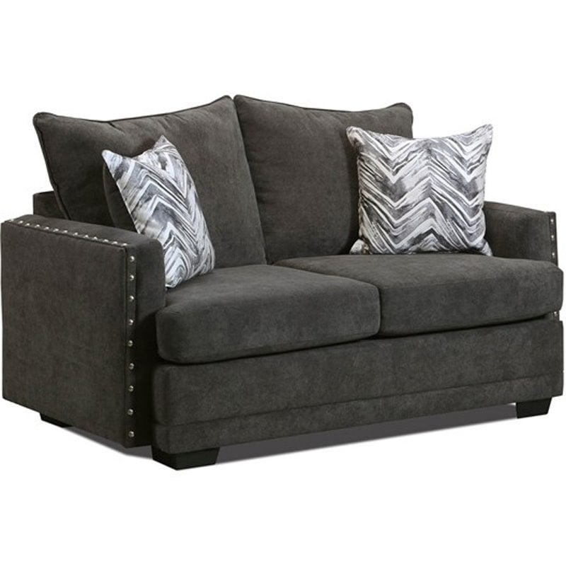 Austin Loveseat With Nailheads and Accent Pillows in Charcoal