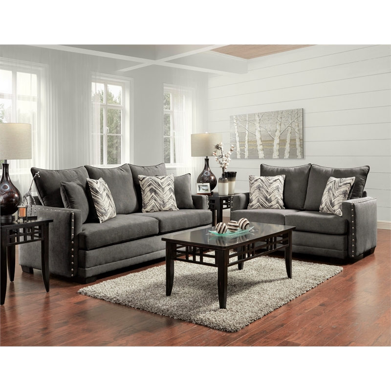 Austin Sofa with Nailheads and Accent Pillows in Charcoal