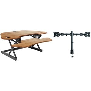 46&quot Adjustable Corner Standing Desk Converter Dual Monitor Arm Bundle Teak Wood