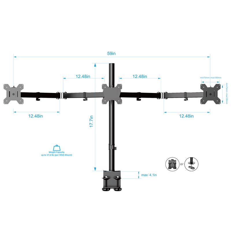 Rocelco 46in Adjustable Standing Desk Converter Triple Monitor Arm BUNDLE Black