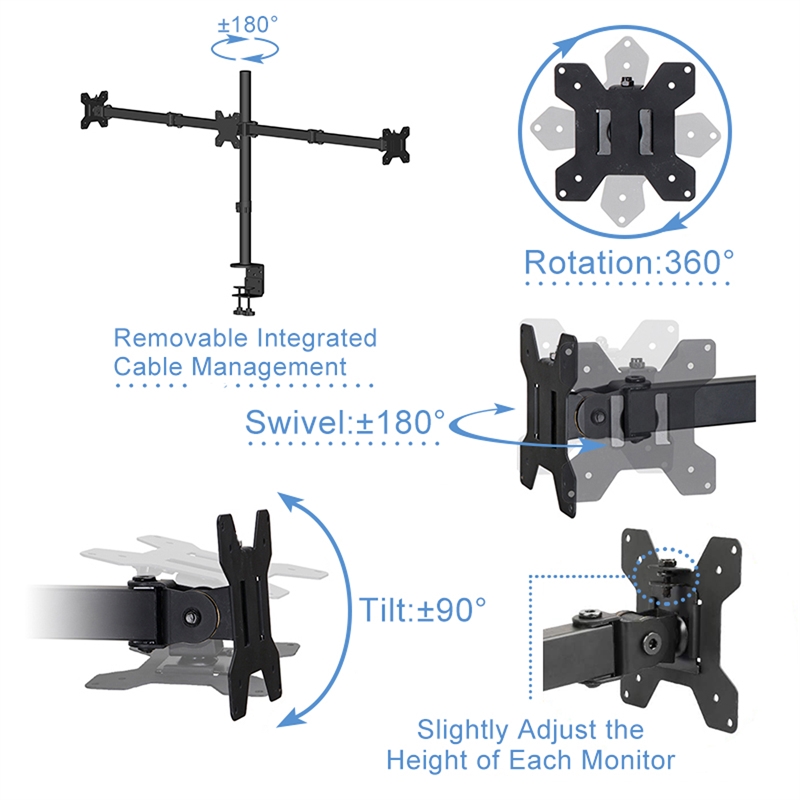 Rocelco 46in Adjustable Standing Desk Converter Triple Monitor Arm BUNDLE Black