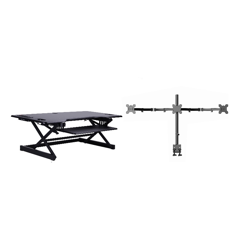 Rocelco 46in Adjustable Standing Desk Converter Triple Monitor Arm BUNDLE Black