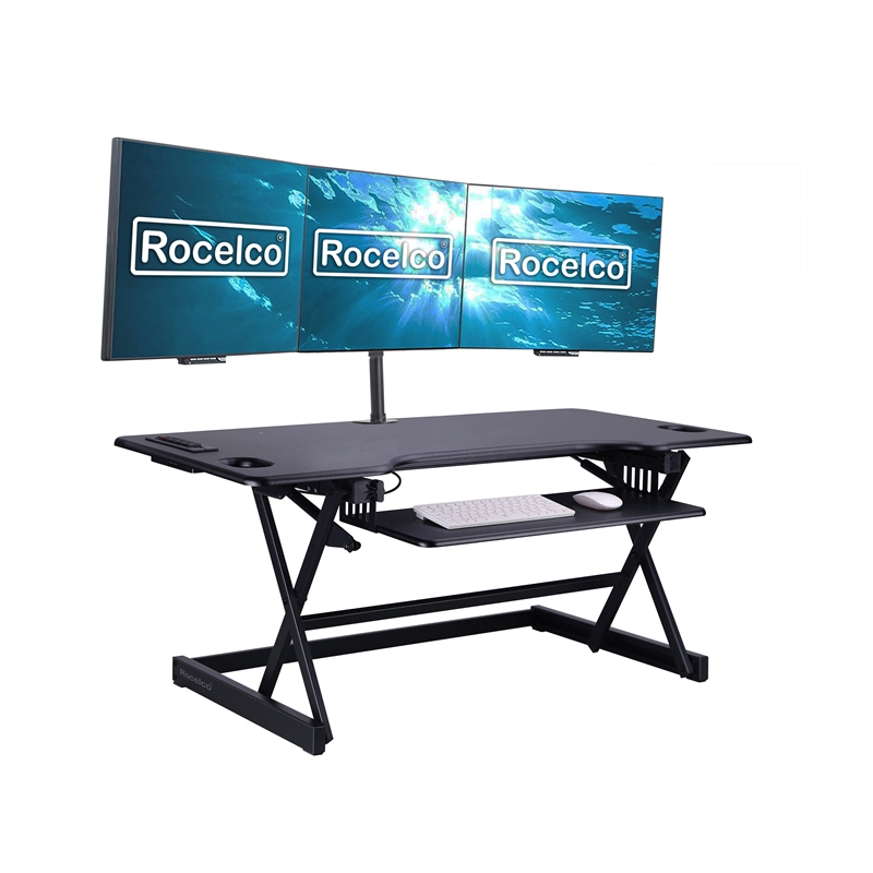 Rocelco 46in Adjustable Standing Desk Converter Triple Monitor Arm BUNDLE Black