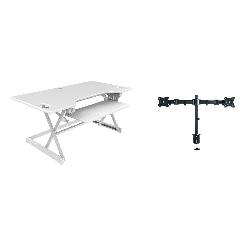 Rocelco 46in Adjustable Standing Desk Converter Dual Monitor Arm BUNDLE - White